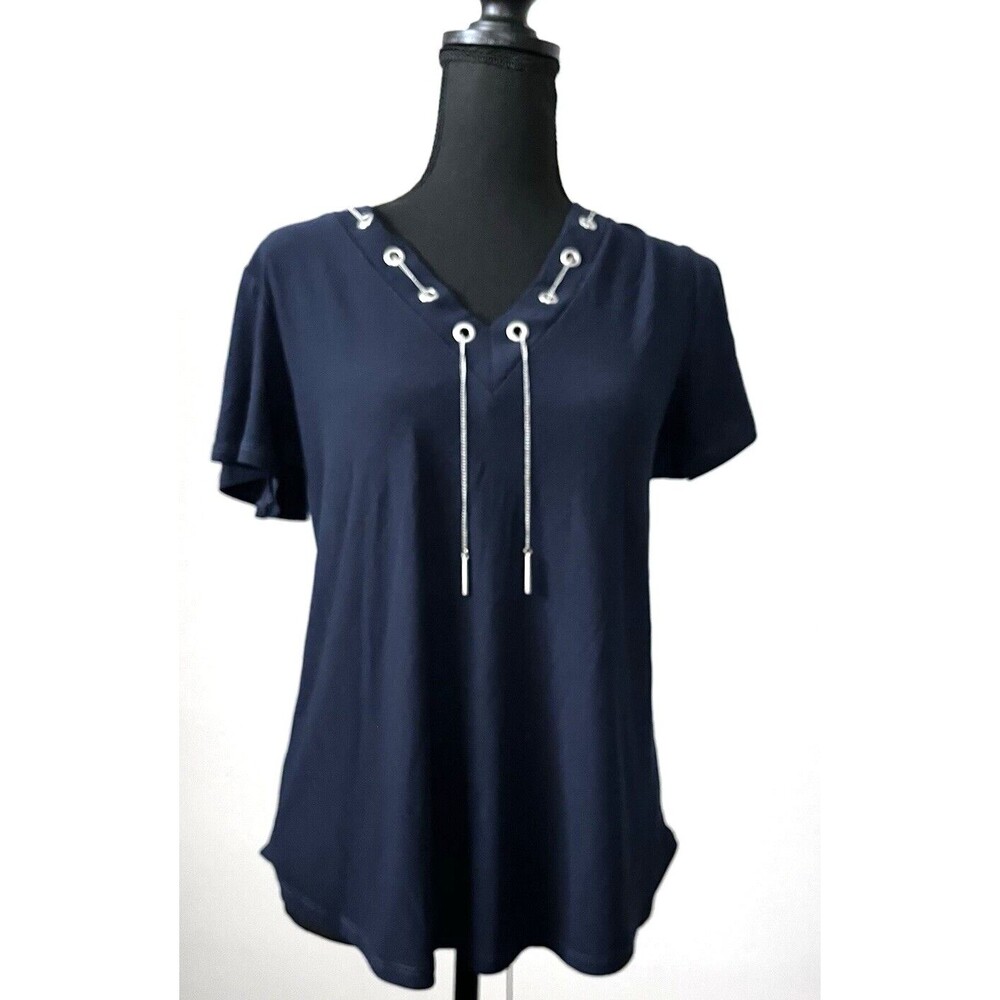 89th and Madison V-Neck Pullover  Silver Chain Laced Through Silver Grommets Top